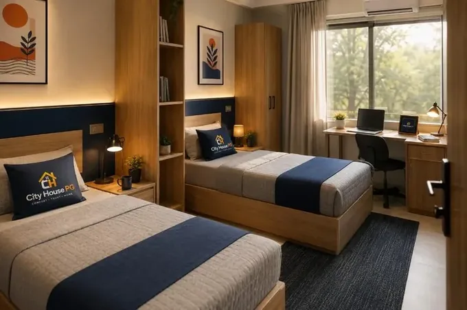 Spacious Twin Bed Sharing Room Interior at City House Girls Hostel in Ahmedabad