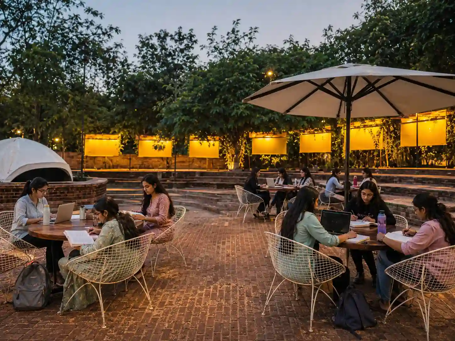 Artistic open-air seating area at Zen Cafe next to Amdavad ni Gufa CEPT campus Ahmedabad
